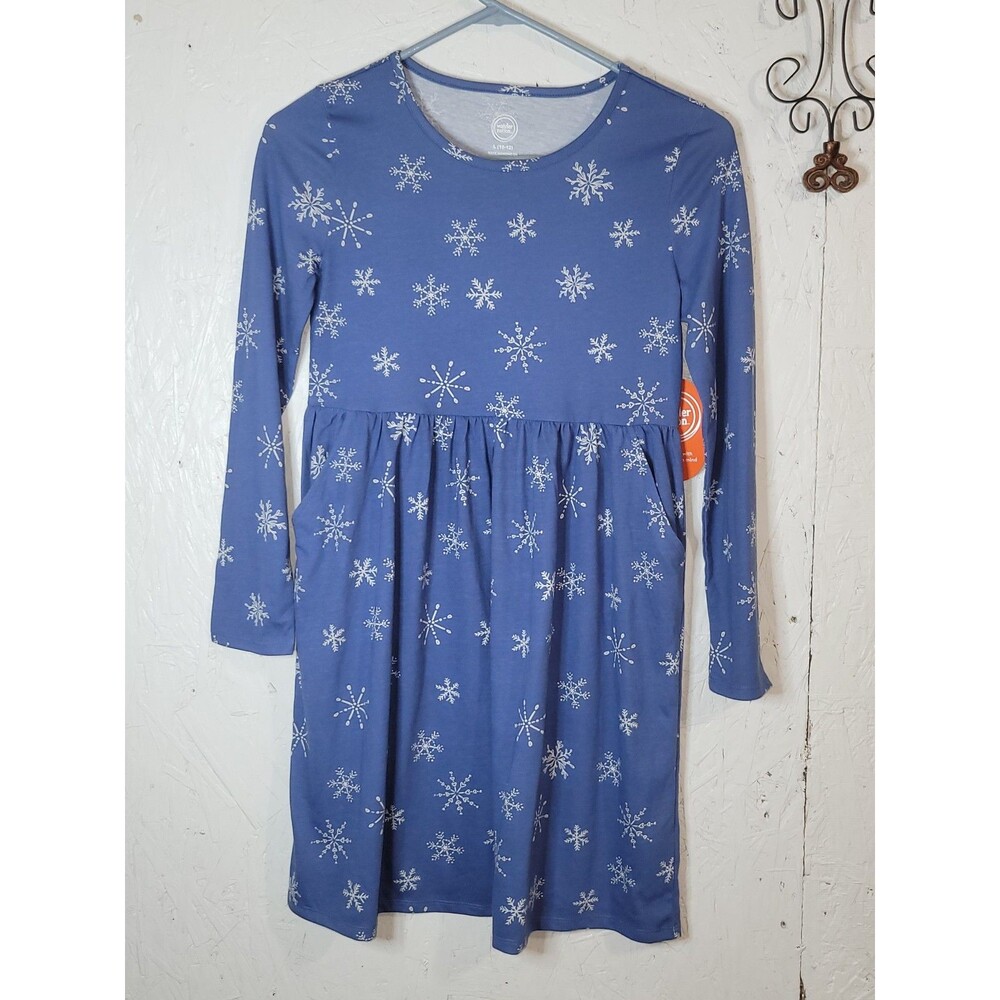 Wonder Nation Girls Blue Snowflake Long Sleeve Dress AA41